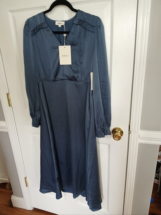 bohme Dresses & Skirts - NWT Bohme Blue Long-Sleeve V-Neck Midi Dress Boho Cottage Wedding Guest Feminine